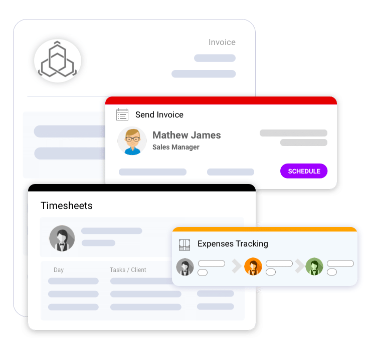 Pop up menu boxes to send invoice, mange timesheets and expenses tracking.