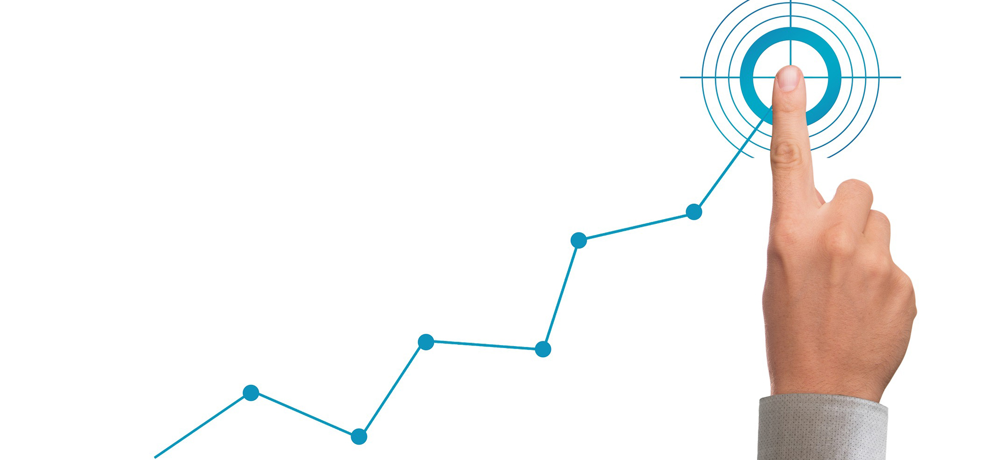 A line graph increasing to a target point where a finger is pointing.