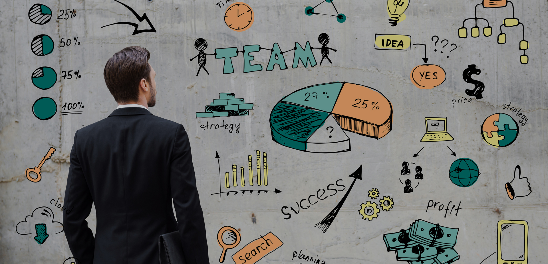 A man standing in front of a wall with wall with drawings related to a company's success.