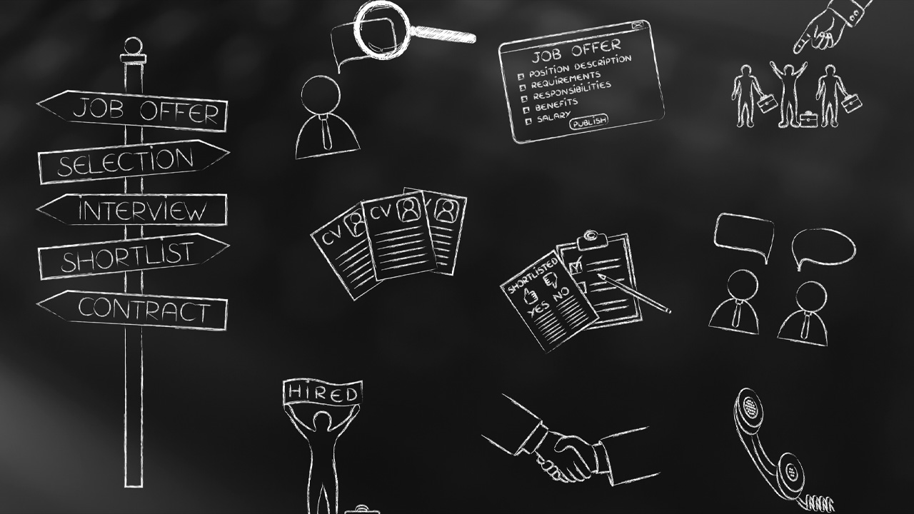 A black background with white outline drawings of the hiring process.