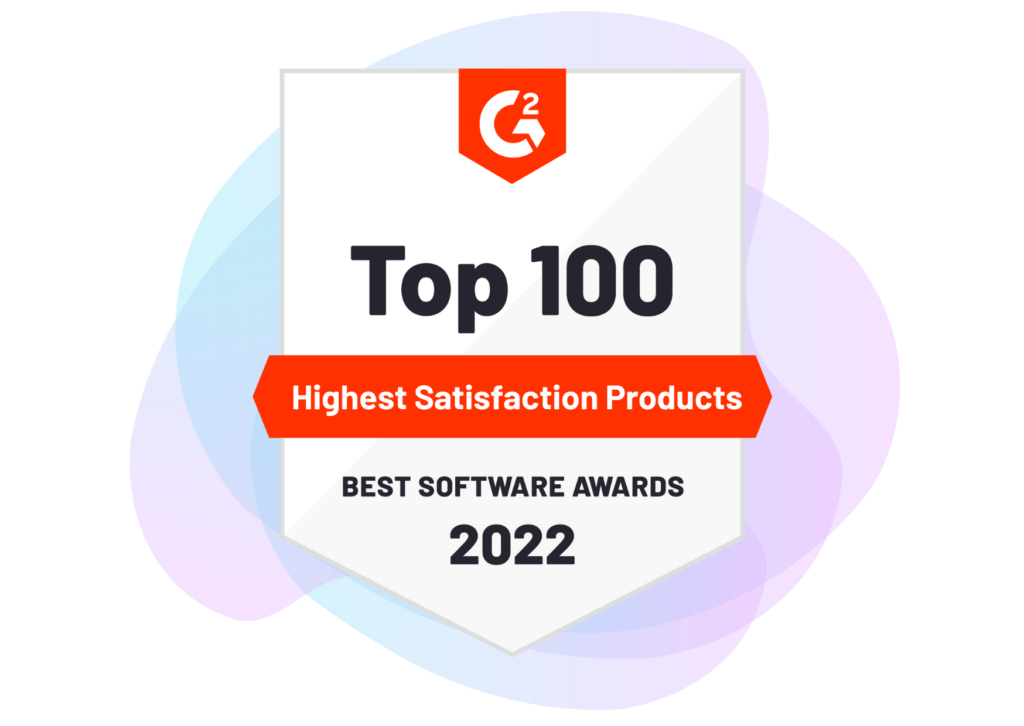 G2 Badge for Top 100 for Highest Satisfaction Products for best software awards for 2022.