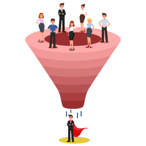Recruitment funnel with many candidates on the top and only one employee getting a job.