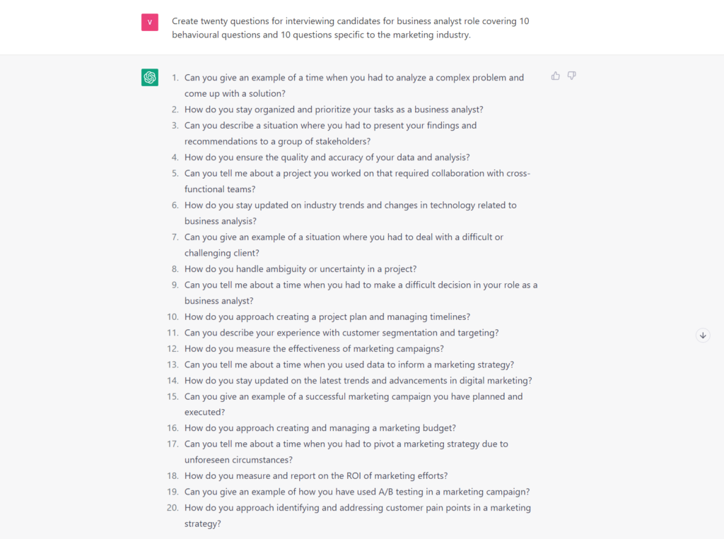 Chat GPT tasked to Create a List of Questions Based on Role or Interview Type
