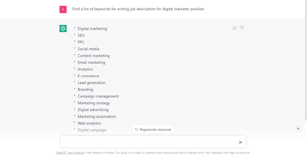 Chat GPT tasked to Find Effective Keywords for Writing the Job Description.