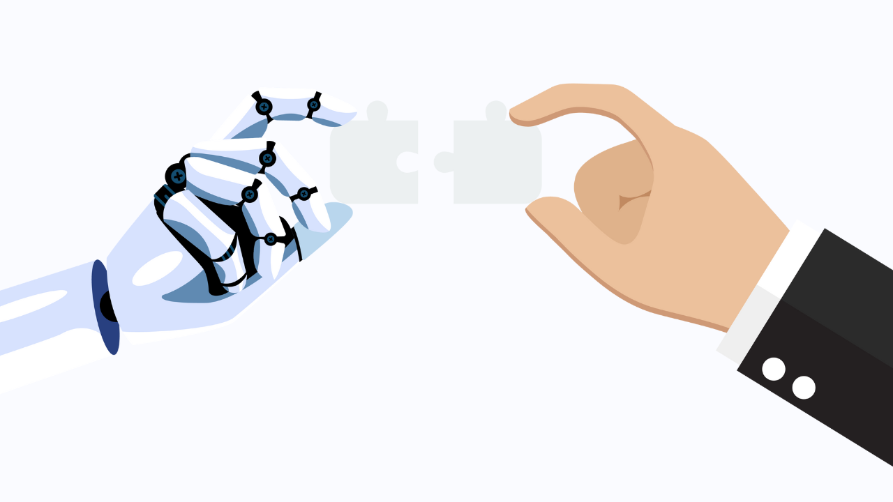 A robot hand and a human hand putting puzzle pieces together.