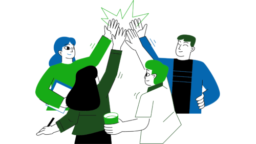 A group of four employees high-fiving each other.