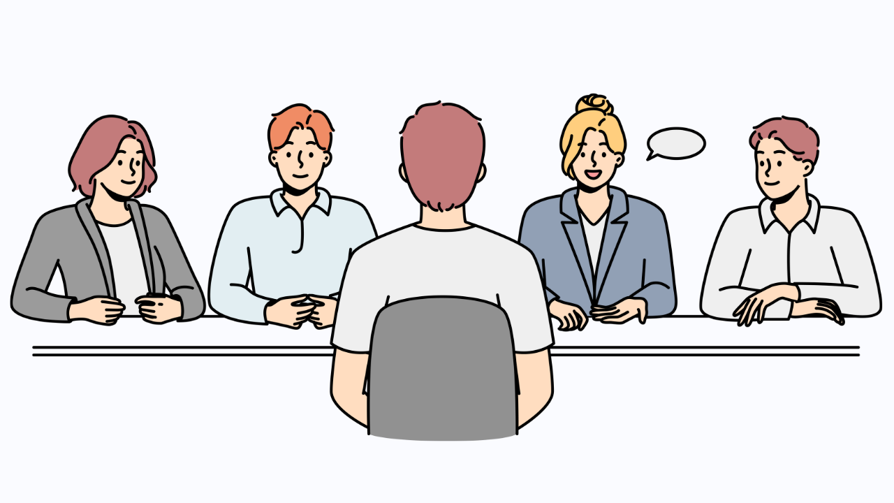 Interview between an employer and multiple candidates.