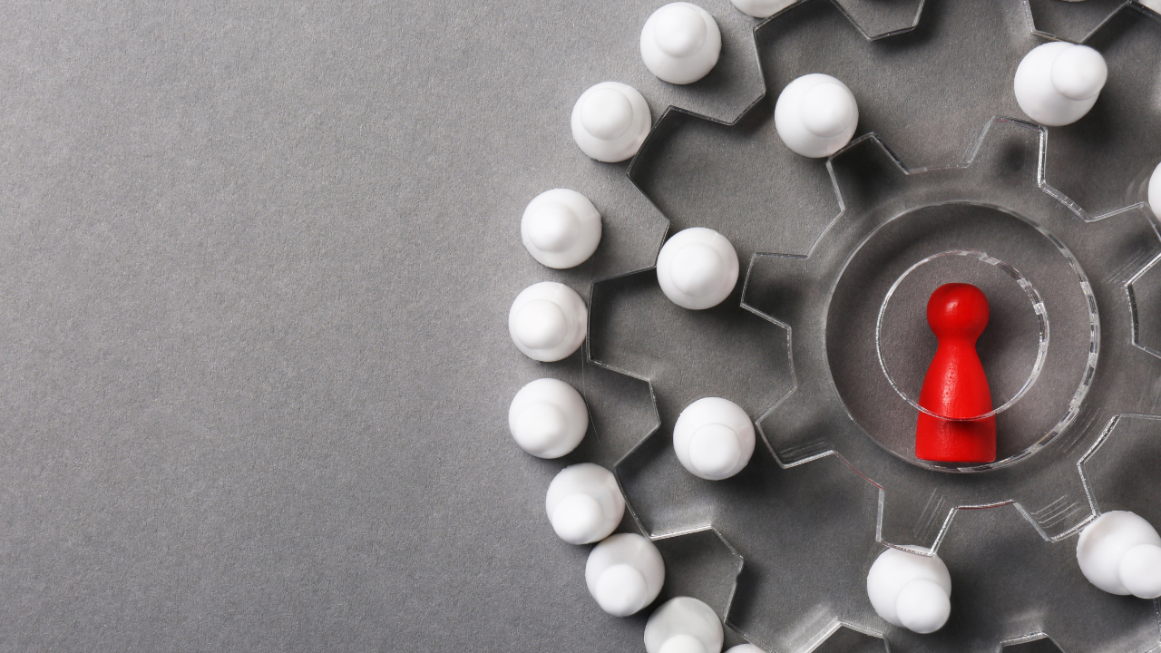 A red wooden piece surrounded by a clear gears and white wooden pieces.