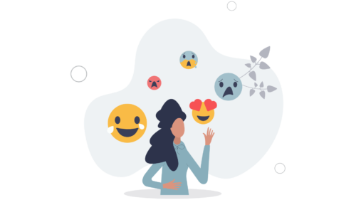 Woman surrounded by various emoting emojis.