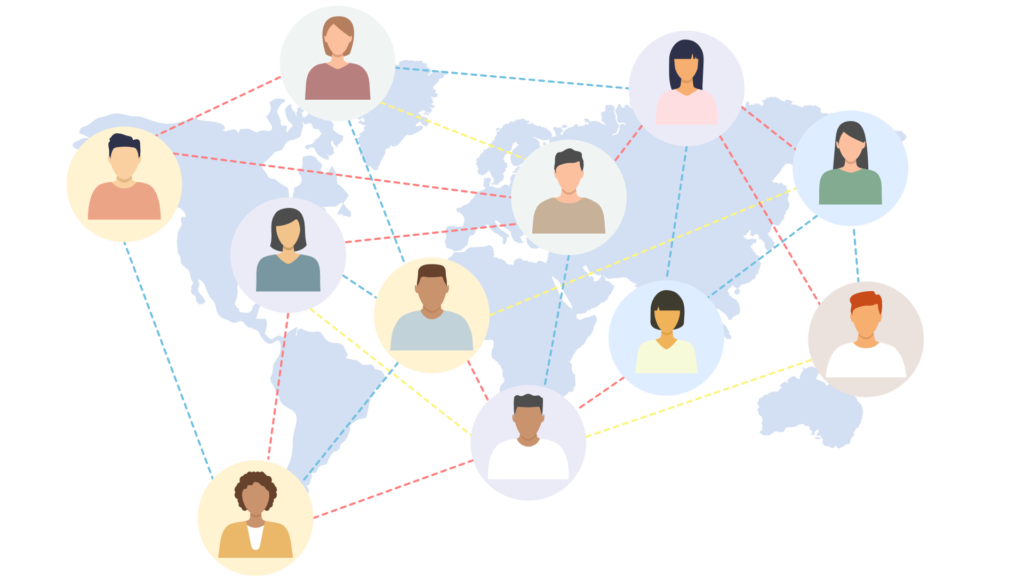 A world map with different people connected with lines to each other.